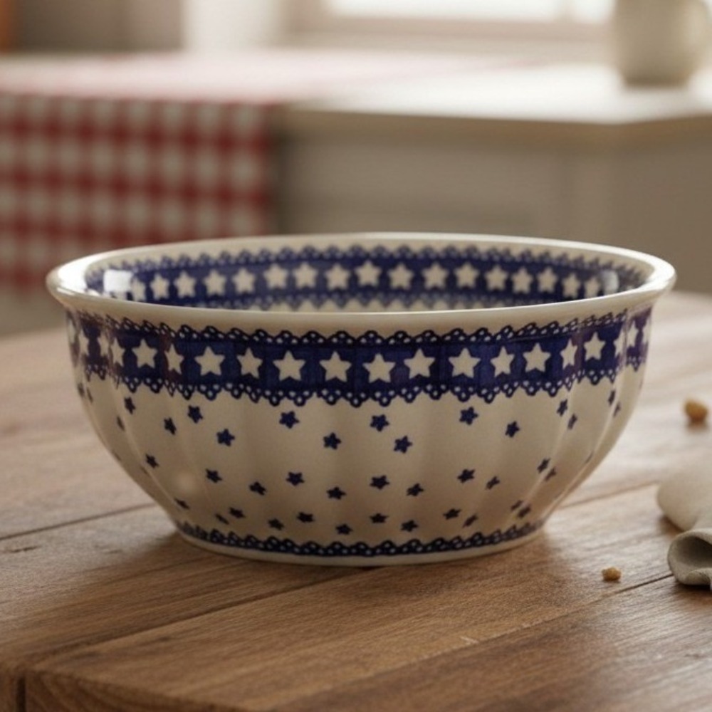 Boleslawiec Manufaktura Fluted polished pottery bowl Cobalt Blue Stars #33